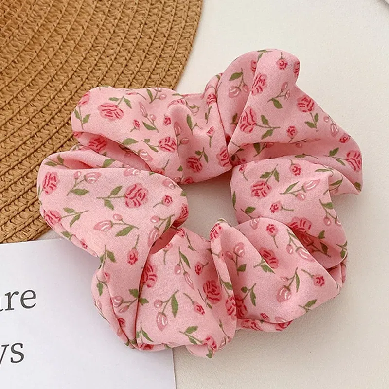 Color: Blue - Gentle Sweet Women Floral Hair Ties Scrunchies Tulip Rose Flower Hair Rope Summer Ponytail Holder Rubber Band Hair Accessories