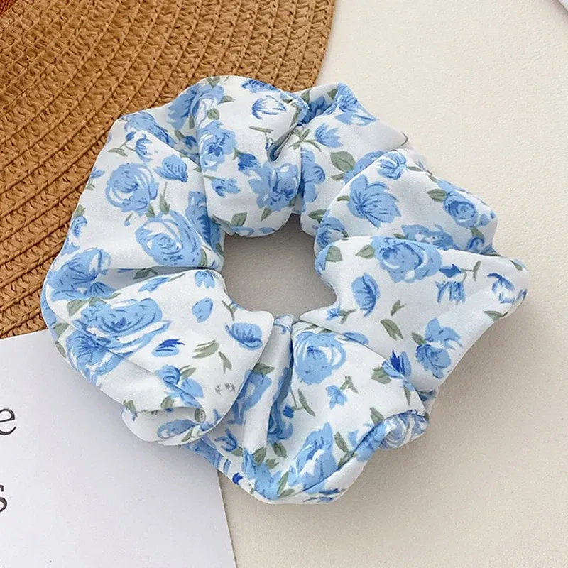 Color: Blue - Gentle Sweet Women Floral Hair Ties Scrunchies Tulip Rose Flower Hair Rope Summer Ponytail Holder Rubber Band Hair Accessories