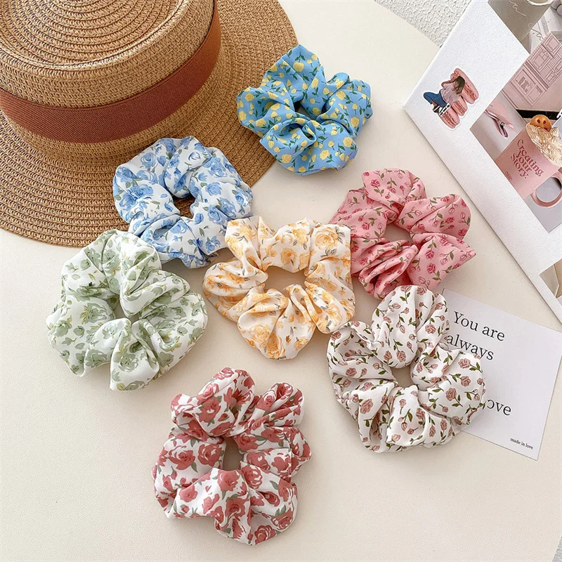 Color: Blue - Gentle Sweet Women Floral Hair Ties Scrunchies Tulip Rose Flower Hair Rope Summer Ponytail Holder Rubber Band Hair Accessories