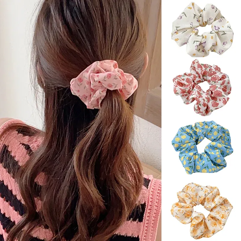 Color: Blue - Gentle Sweet Women Floral Hair Ties Scrunchies Tulip Rose Flower Hair Rope Summer Ponytail Holder Rubber Band Hair Accessories