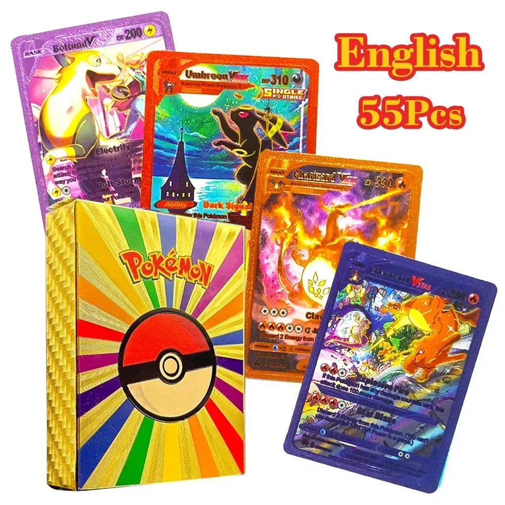Color: EIGHT - 55PCS Pokemon Colorful Gold Foil Card Charizard Pikachu Arceus Diamond Rainbow English French German Spanish VSTAR GX VMAX Cards