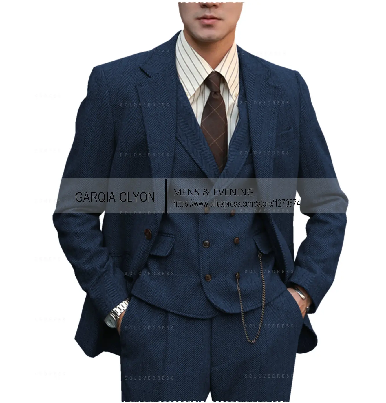 Color: ROYAL BLUE, Size: XS - Tweed Herringbone 3 Pieces Herringbone Men's Business Suits Single Breasted Slim Fit Groom  Formal Suits?€Blazer+vest+Pants?‰