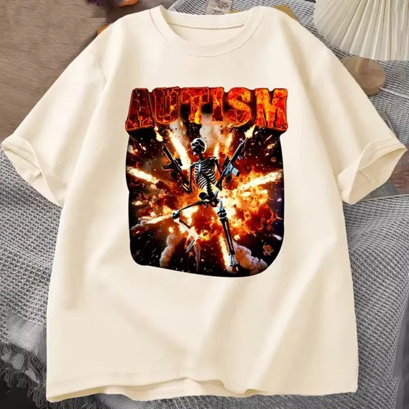 Color: Yellow, Size: L - Autistic Funny Skeleton T Shirt Women Men Autism Edgy Skeleton Meme T-shirt Casual Short Sleeve Tshirt Round Neck Clothes