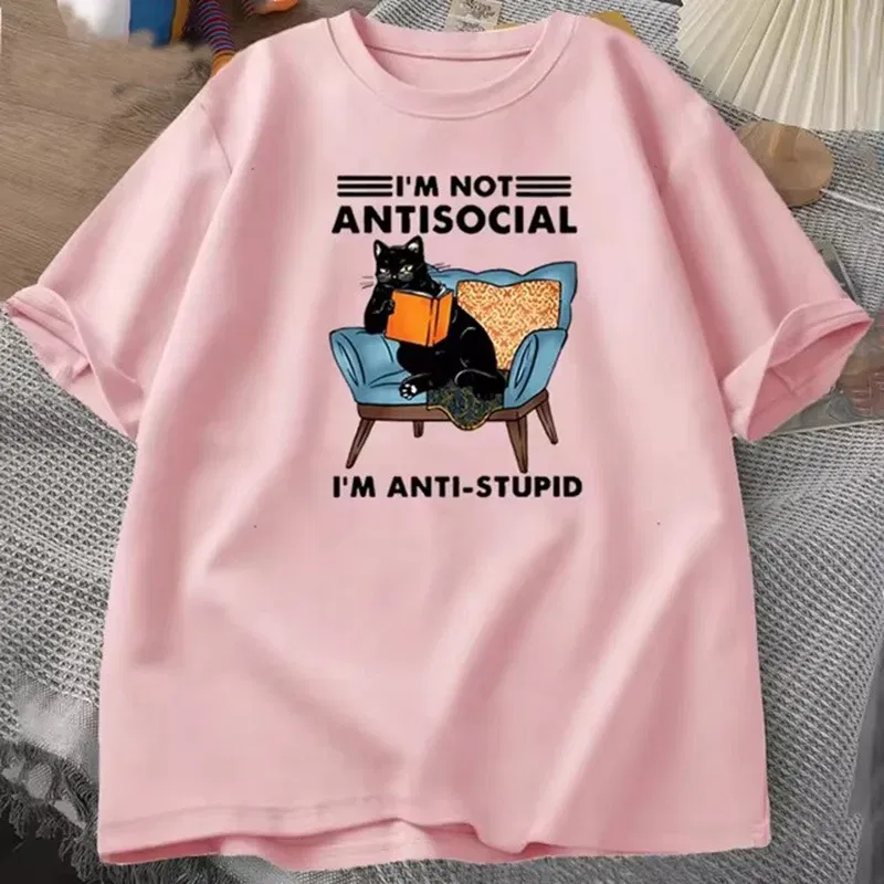 Color: Pink, Size: XXXL - funny cat reading book T-Shirts Graphic Tees Cotton Mens Clothing O Neck Meme Short Sleeve Tees Harajuku Fashion Womens Oversize