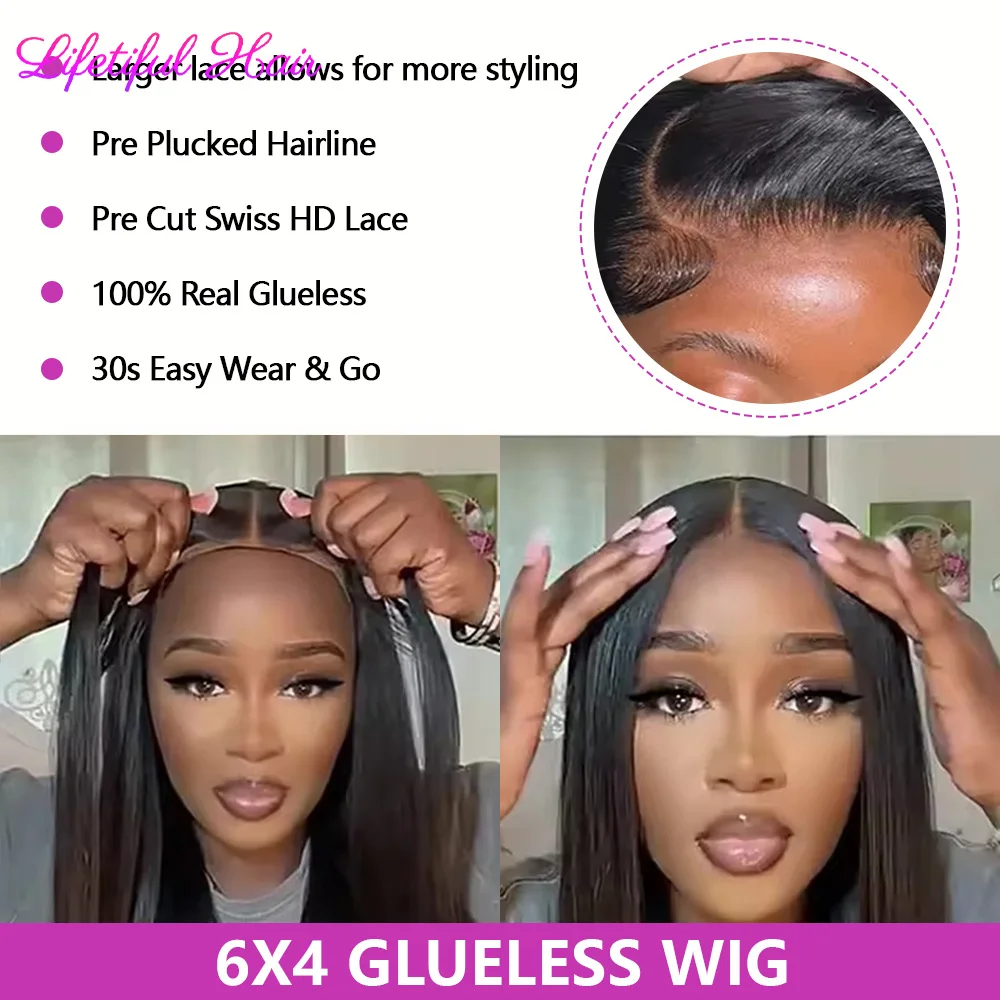 Hair Color: #1B, Density: 200%, Ships From: CHINA, Stretched Length: 20inches - 32 Inch 6x4 Bone Straight Human Hair Wigs Glueless Wig Human Hair Ready To Wear Pre-cut Brazilian 100% Human Hair Wigs For Women