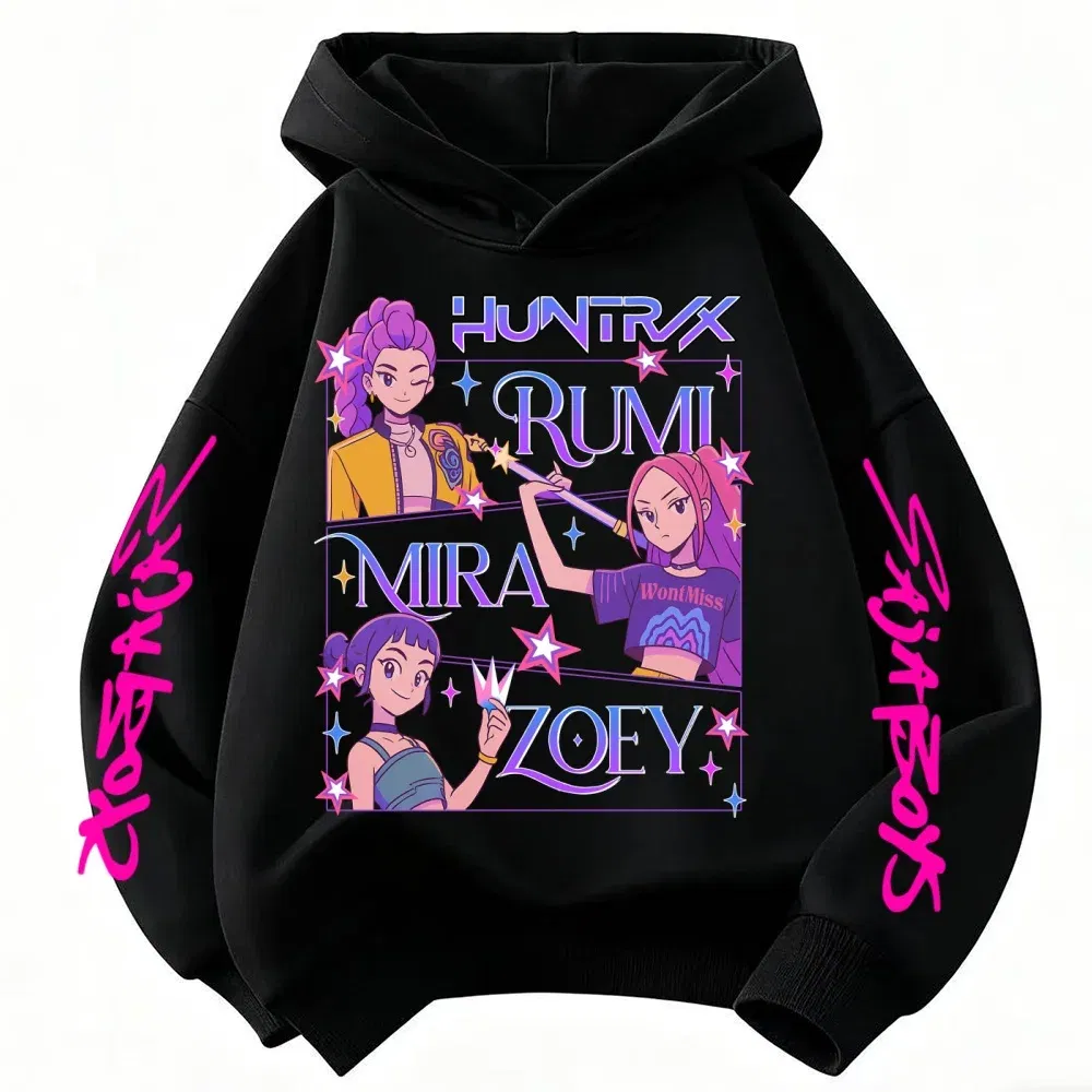 Color: black, Kid Size: 4 - Children's Hoodies KPop Demon Hunters tops Boy Girls Coat Casual Toddle Sweatshirr white pink child 3-12 year the Spring Autumn