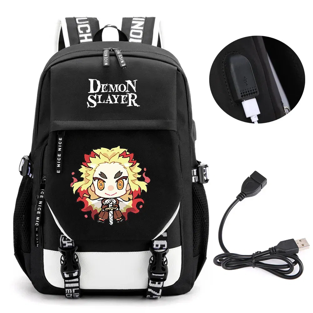 Color: DEEP BLUE - Anime Demon Slayer Kamado Nezuko Backpack School Book Bags Mochila Travel USB Port Bag Laptop Boy Girls Gift