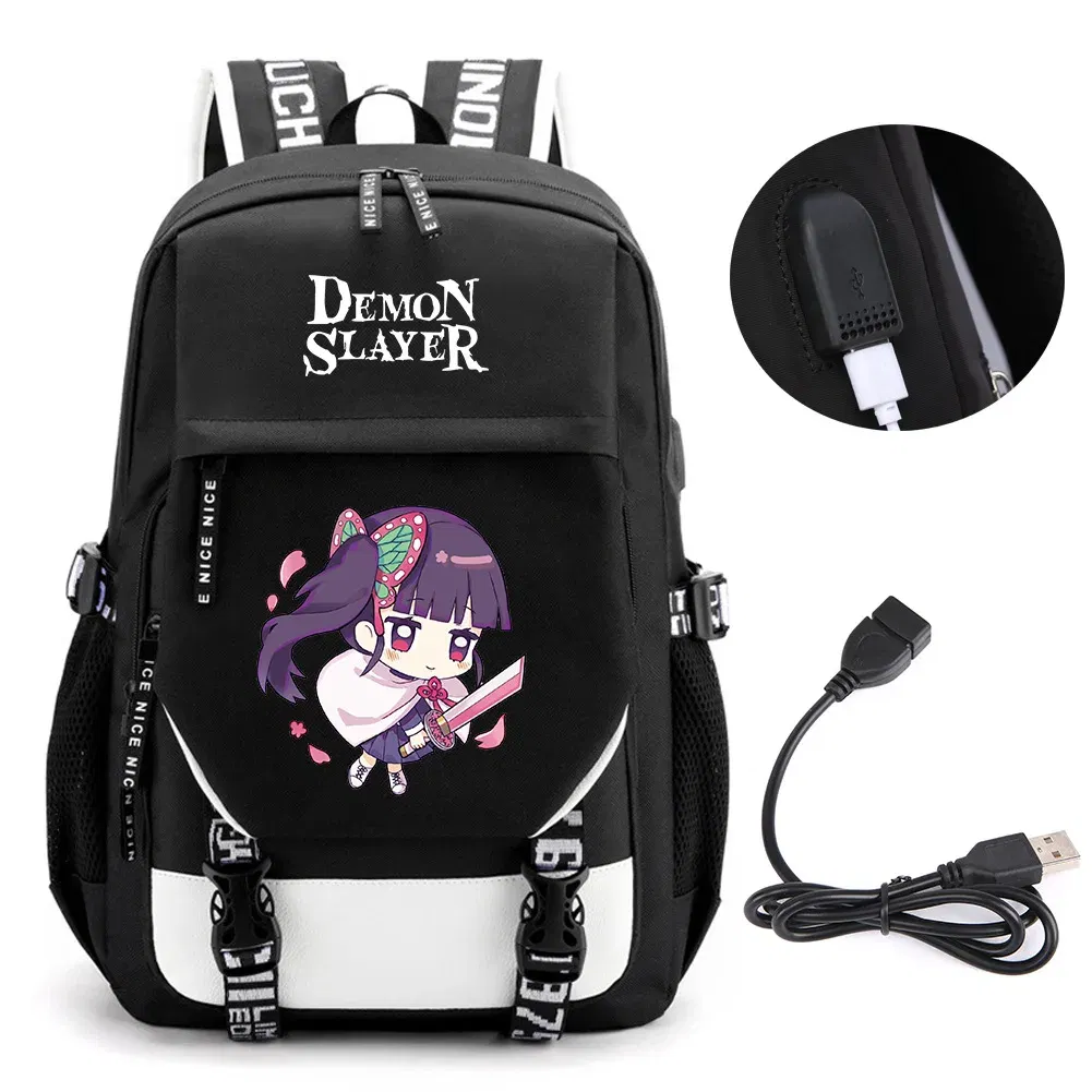 Color: DEEP BLUE - Anime Demon Slayer Kamado Nezuko Backpack School Book Bags Mochila Travel USB Port Bag Laptop Boy Girls Gift