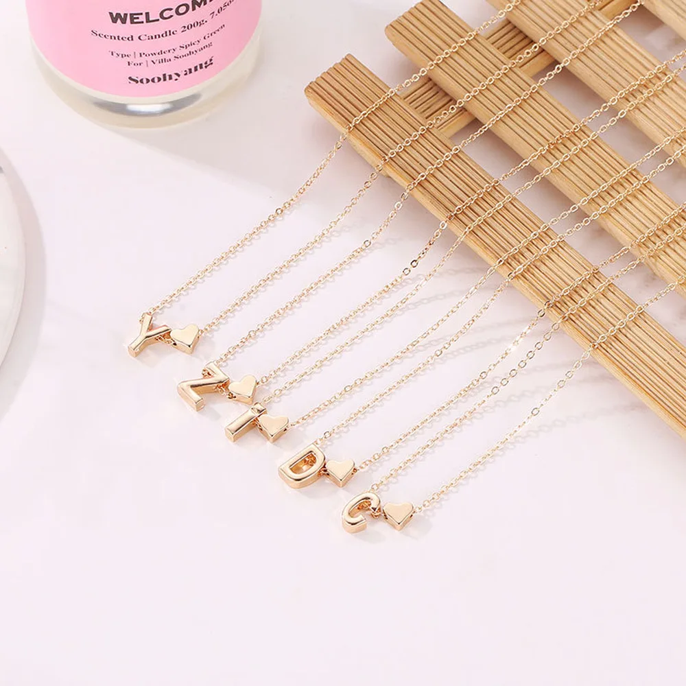 Metal Color: RED-BROWN, Main Stone Color: camel - Fashion Tiny Heart Dainty Initial Necklace Gold Color Letter Name Choker Necklace For Women Pendant Jewelry Gift