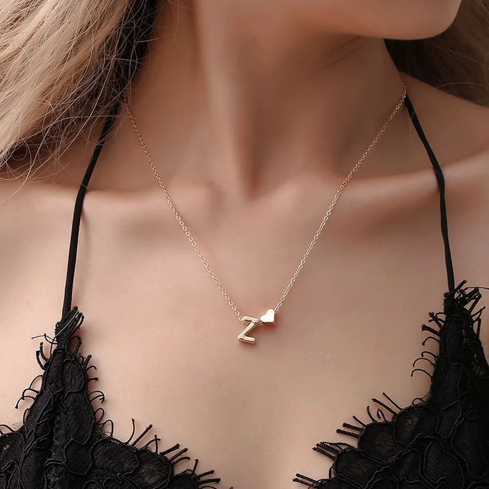Metal Color: RED-BROWN, Main Stone Color: camel - Fashion Tiny Heart Dainty Initial Necklace Gold Color Letter Name Choker Necklace For Women Pendant Jewelry Gift