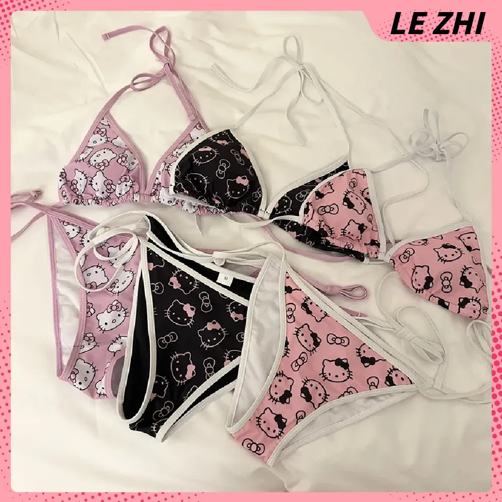 Color: Olive, Size: L - Kawaii Hello Kitty Bikini Cartoon Printing Two-piece Swimsuit Euro-american Spice Girl Underwear Sexy Bikini Holiday Gift