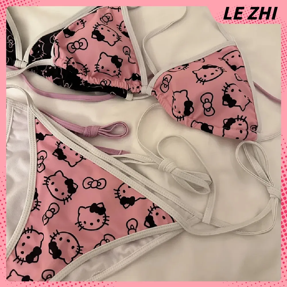 Color: Olive, Size: L - Kawaii Hello Kitty Bikini Cartoon Printing Two-piece Swimsuit Euro-american Spice Girl Underwear Sexy Bikini Holiday Gift