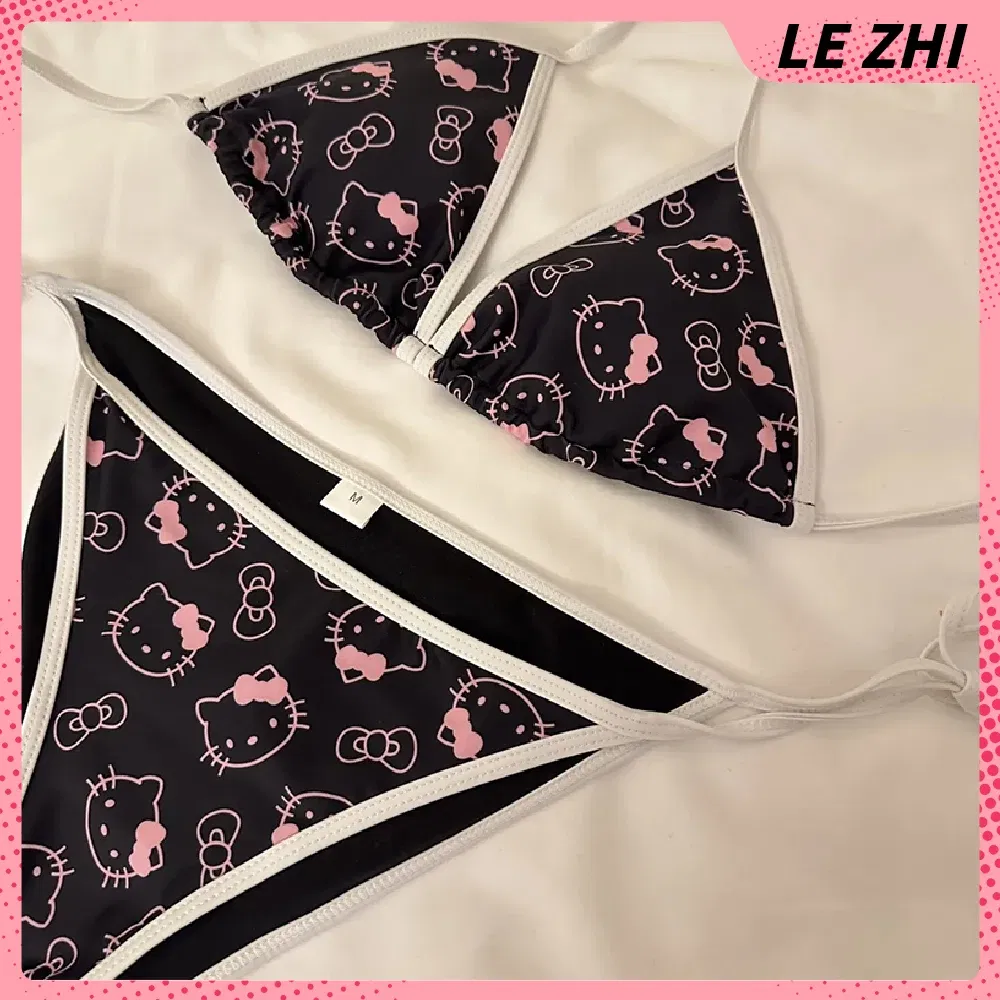 Color: Olive, Size: L - Kawaii Hello Kitty Bikini Cartoon Printing Two-piece Swimsuit Euro-american Spice Girl Underwear Sexy Bikini Holiday Gift
