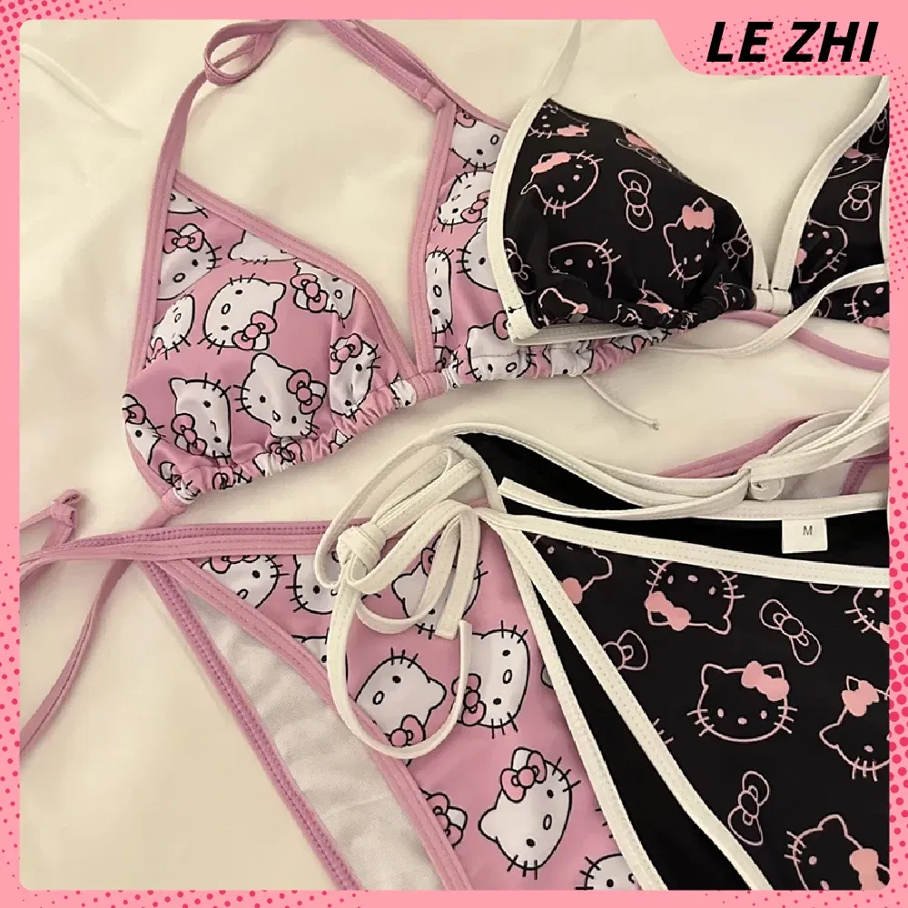Color: Olive, Size: L - Kawaii Hello Kitty Bikini Cartoon Printing Two-piece Swimsuit Euro-american Spice Girl Underwear Sexy Bikini Holiday Gift