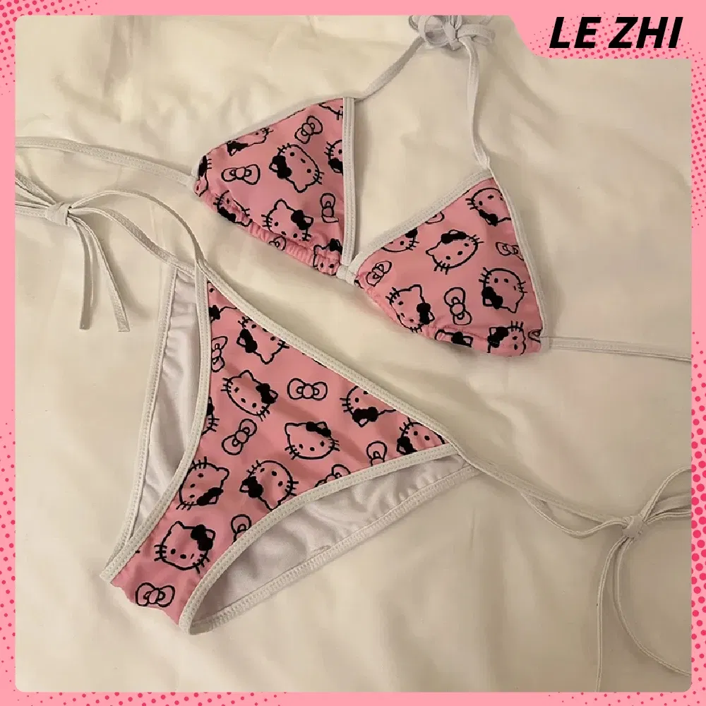 Color: Olive, Size: L - Kawaii Hello Kitty Bikini Cartoon Printing Two-piece Swimsuit Euro-american Spice Girl Underwear Sexy Bikini Holiday Gift