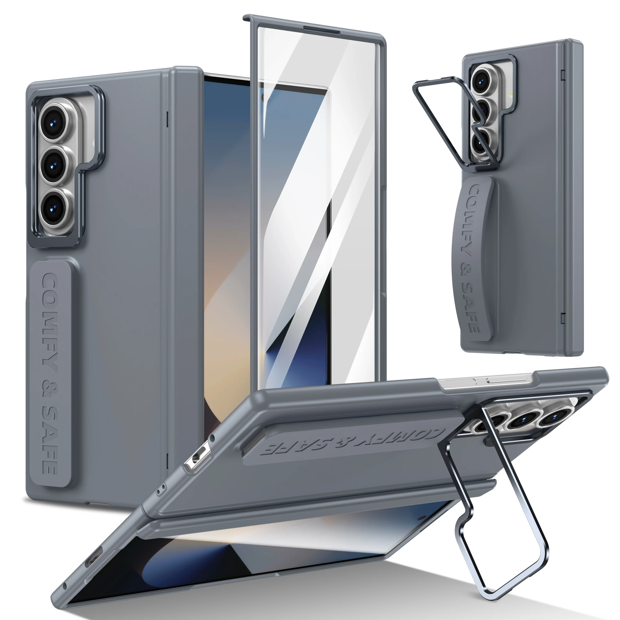 Color: SKY BLUE, Material: ABS - For Samsung Galaxy Z Fold 7 6 5 4 3 Wristband Hinge Lens Holder Phone Case Outer Screen Glass Film Protection Shockproof Cover