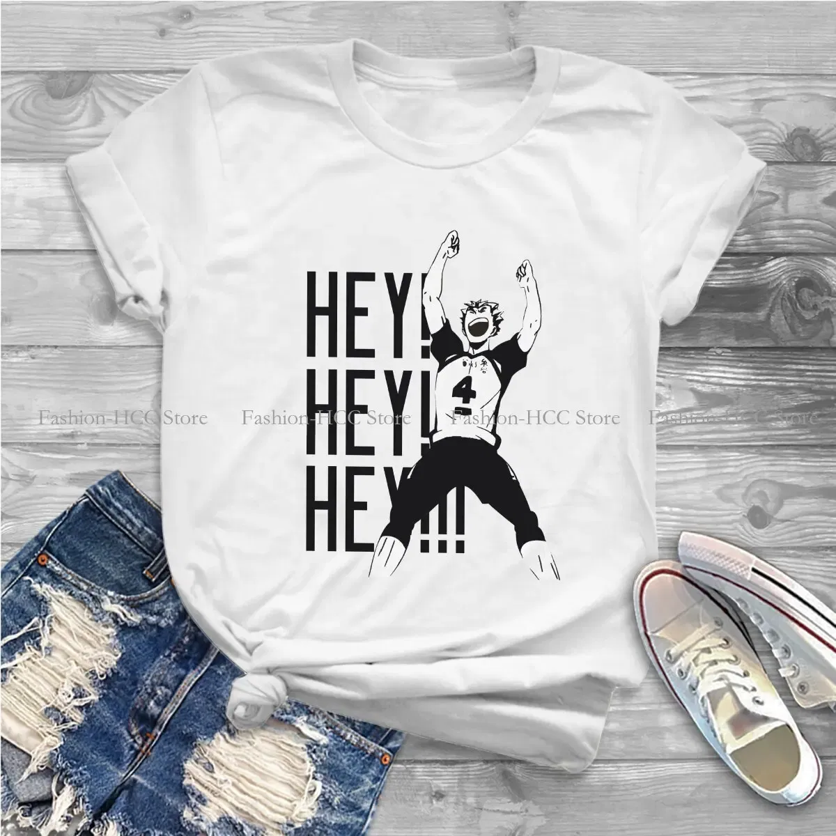 Color: WHITE, Size: XL - Haikyuu Cartoon Anime Polyester TShirts Bokuto Kotaro Hey Hey Hey Print Men's T Shirt New Trend Clothing