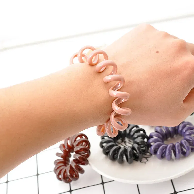 Color: GRAY - High Elasticity Telephone Coil Hairbands Women Spiral Hair Ties Girl Hair Ring Rope Solid Color Hair Accessories Ponytail Holder
