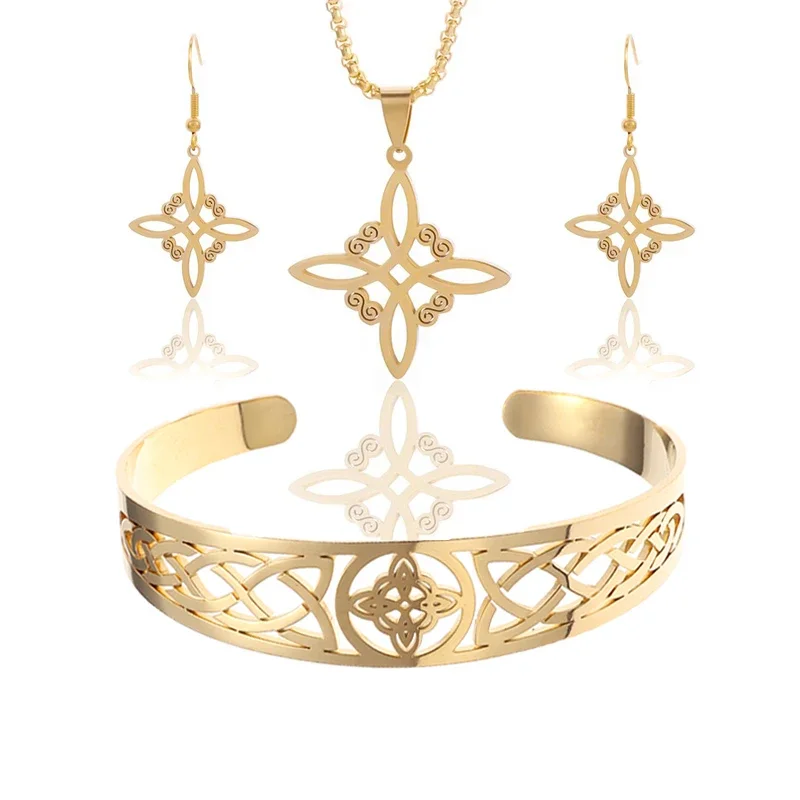Metal color: Gold-color - Witch Knot Cuff Stainless Steel Pagan Witchcraft Symbols Magic Knot Women\'s Good Luck Amulet Bracelet Celtic Knot Bracelet