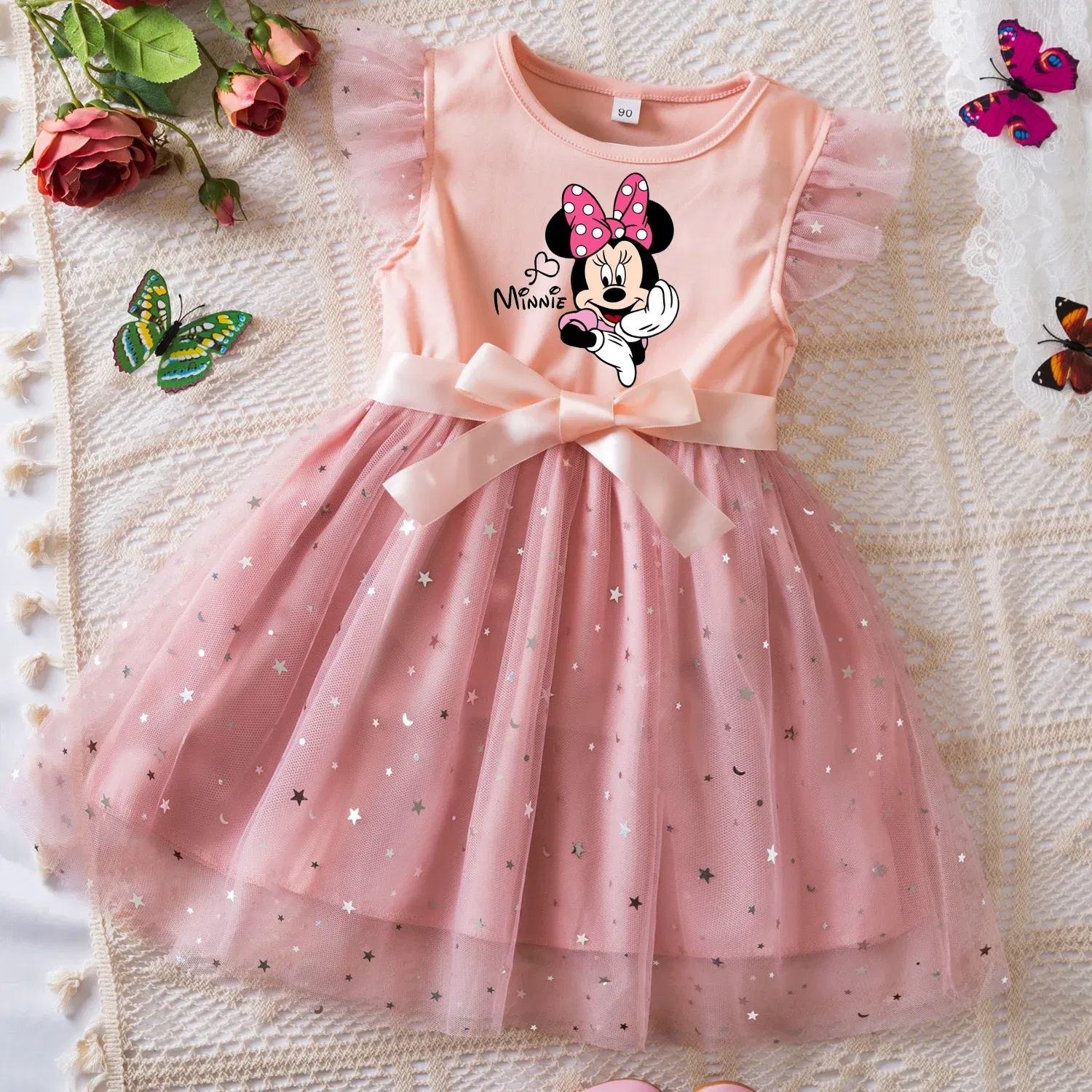Color: Fuchsia, Size: XS - Mickey Minnie Mouse Girls Summer Clothes Flying Sleeves Bow Sequin Dress 2-6Y Kid Birthday Tutu Princess Dress for Baby Girl