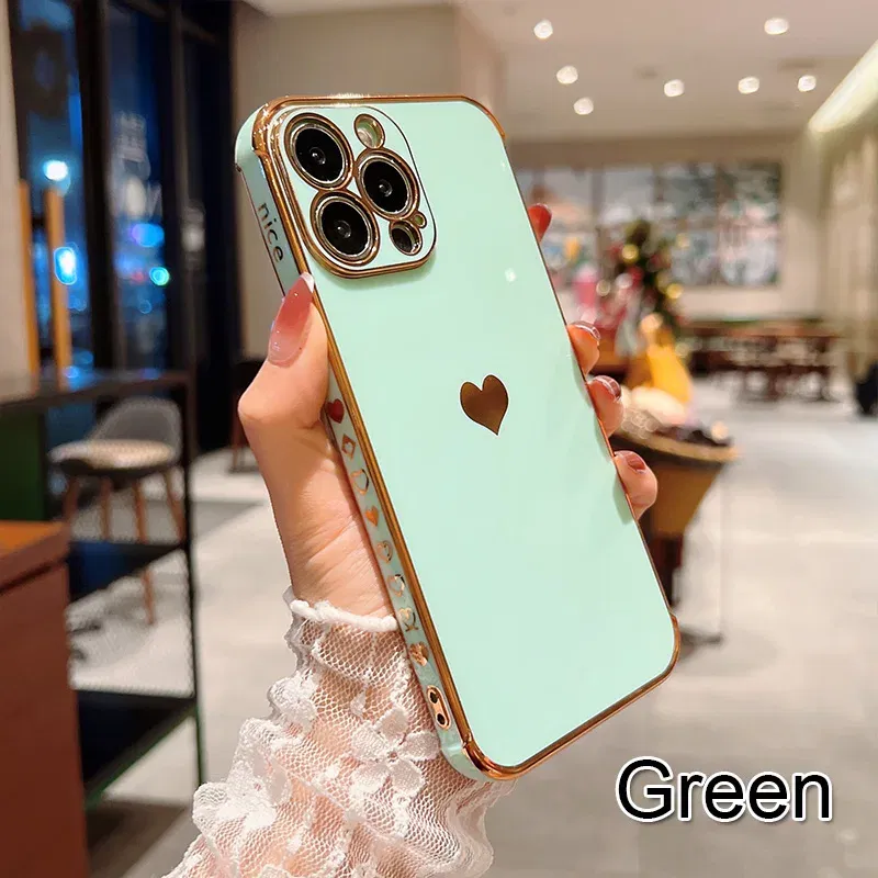 Color: Blue, Compatible-Phone Models: For iPhone SE (2022), Ships From: CN - Electroplating Side Love Heart Phone Case For IPhone 17 16 15 14 13 12 11 Pro Max XR 8 Plus SE2/SE3 Shockproof Back Cover