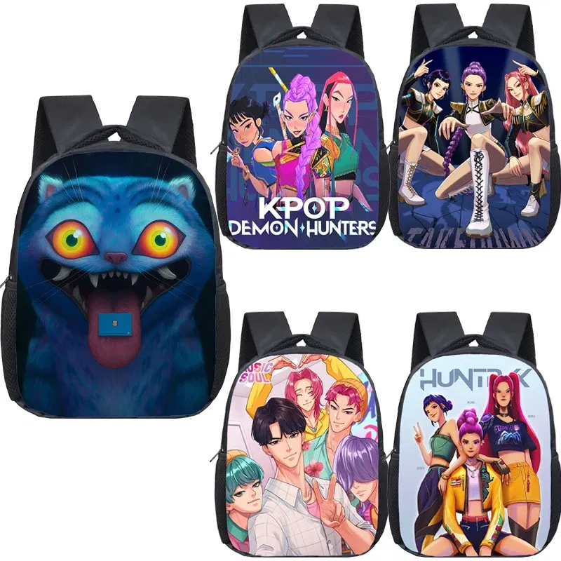 Color: Dark Grey - KPop Demon Hunters School Bags 12inch Lightweight Children Backpack Girls Boys Orthopedic Kids Book Bags Back To School Mochilas