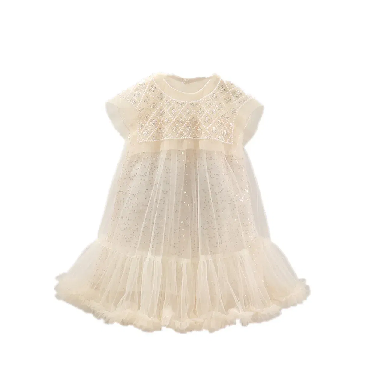 Color: Beige, Kid Size: 4T - Girls' Princess Dress 2023 Spring Summer Children's Wear Korean  Pearl Neck Princess Dress Fashion Yarn Dress