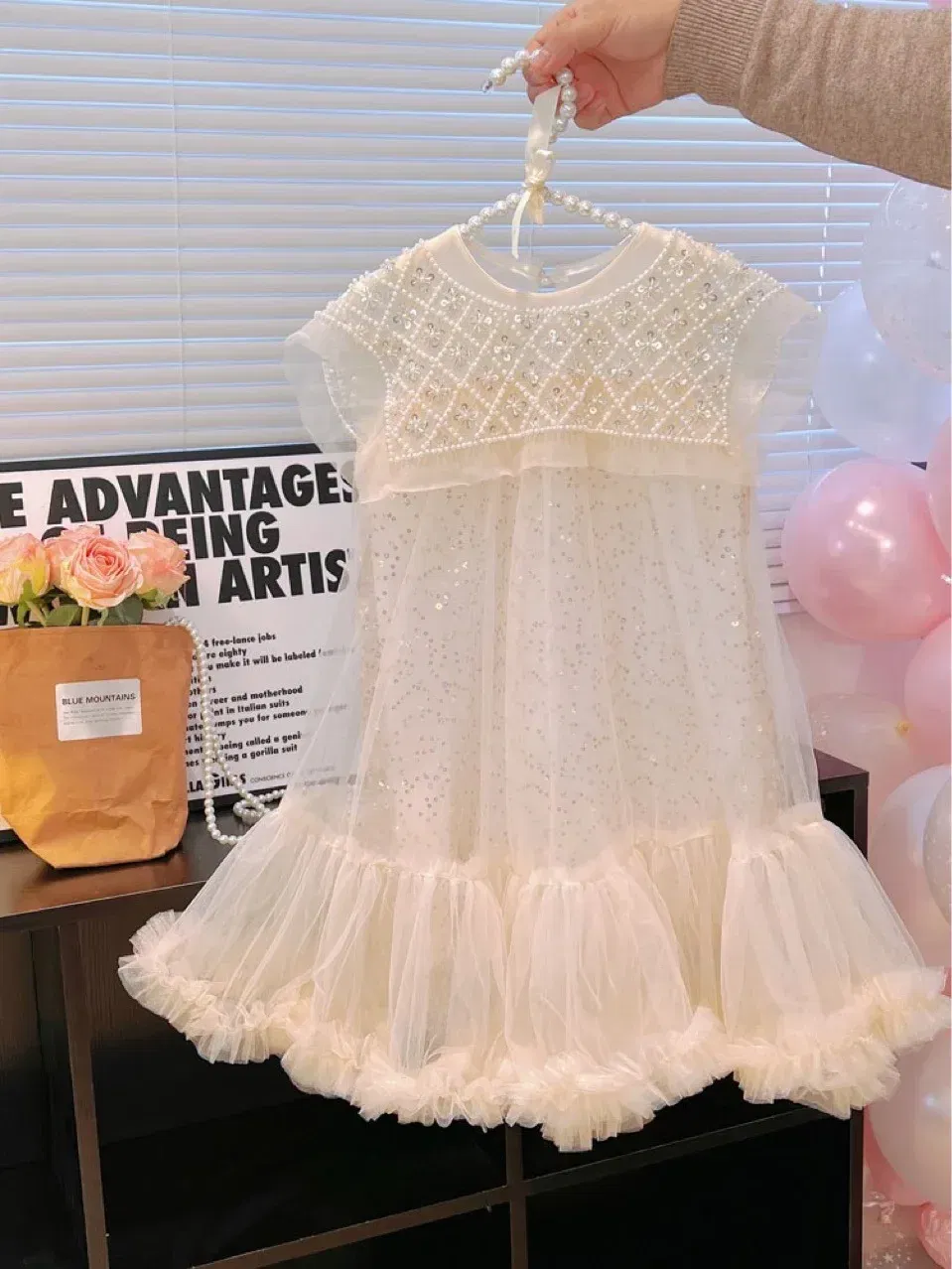 Color: Beige, Kid Size: 4T - Girls' Princess Dress 2023 Spring Summer Children's Wear Korean  Pearl Neck Princess Dress Fashion Yarn Dress
