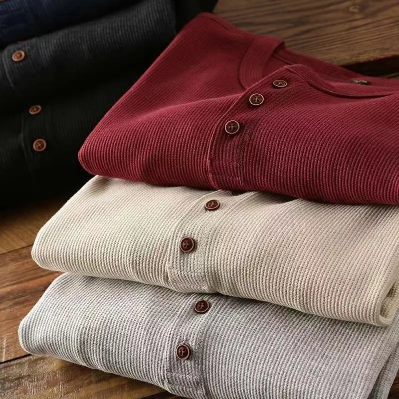 Color: GRAY, Size: S, Ships From: CHINA - Slim Fit Mens Basic Tee Casual Tshirts Henley Waffle Long Sleeve Shirts Thermal Solid Half Button Breathable 100% Cotton Shirts