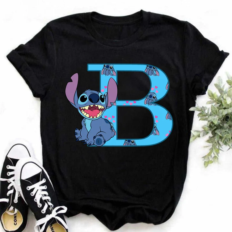 Color: Dark Grey, Size: XXXL - Disney Lilo&Stitch A-Z Alphabet Summer Women's Printed T-Shirt Women's Casual Tops T-Shirt Fashion Cartoon Plus Size T-Shirt
