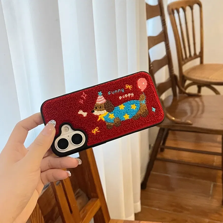 Color: Blue, Material: leather - Luxury Cartoon Embroidery Cute Dog Cats Colorful Dots Phone Case For iPhone 13 14 15 16 Pro Max Plush Winter Shockproof Cover