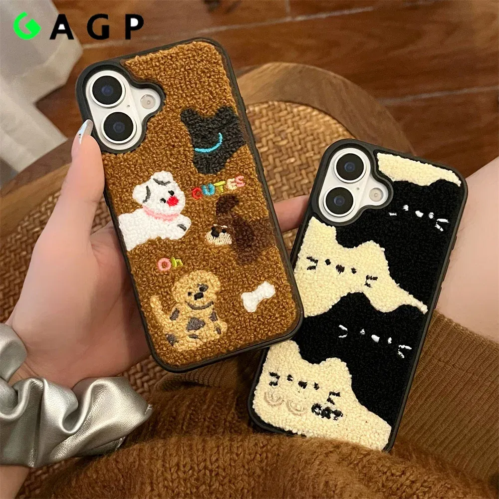 Color: Blue, Material: leather - Luxury Cartoon Embroidery Cute Dog Cats Colorful Dots Phone Case For iPhone 13 14 15 16 Pro Max Plush Winter Shockproof Cover