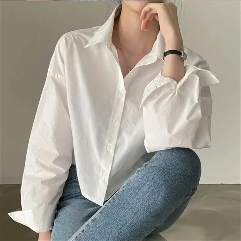 Color: WHITE, Size: L - Spring New Casual Long Sleeve Women White Shirt Korea Style Solid Button Split Woman Crop Tops Blouse Party Clothing