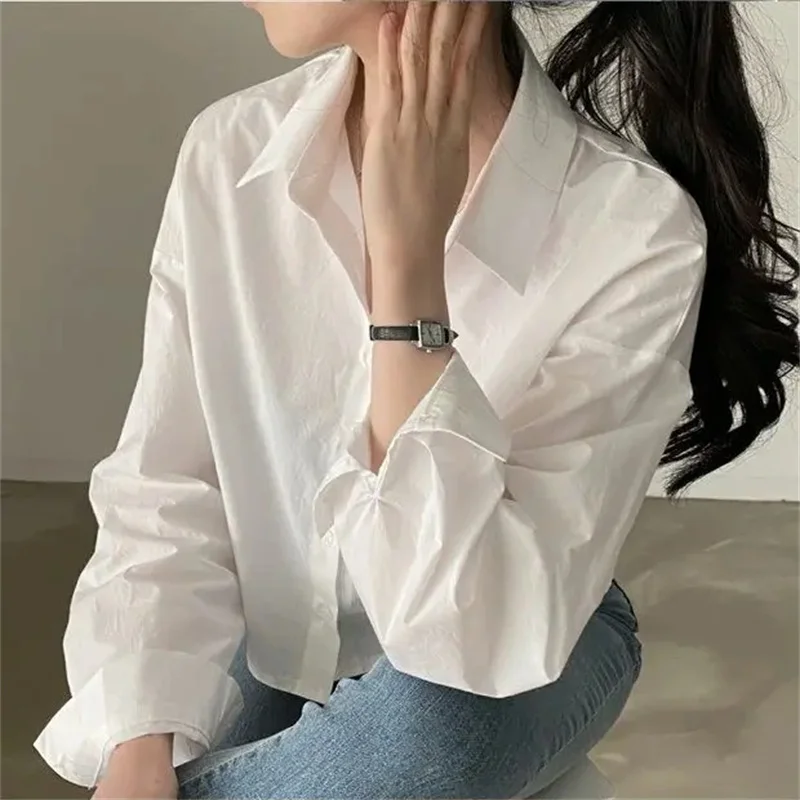 Color: WHITE, Size: L - Spring New Casual Long Sleeve Women White Shirt Korea Style Solid Button Split Woman Crop Tops Blouse Party Clothing