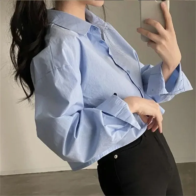 Color: WHITE, Size: L - Spring New Casual Long Sleeve Women White Shirt Korea Style Solid Button Split Woman Crop Tops Blouse Party Clothing