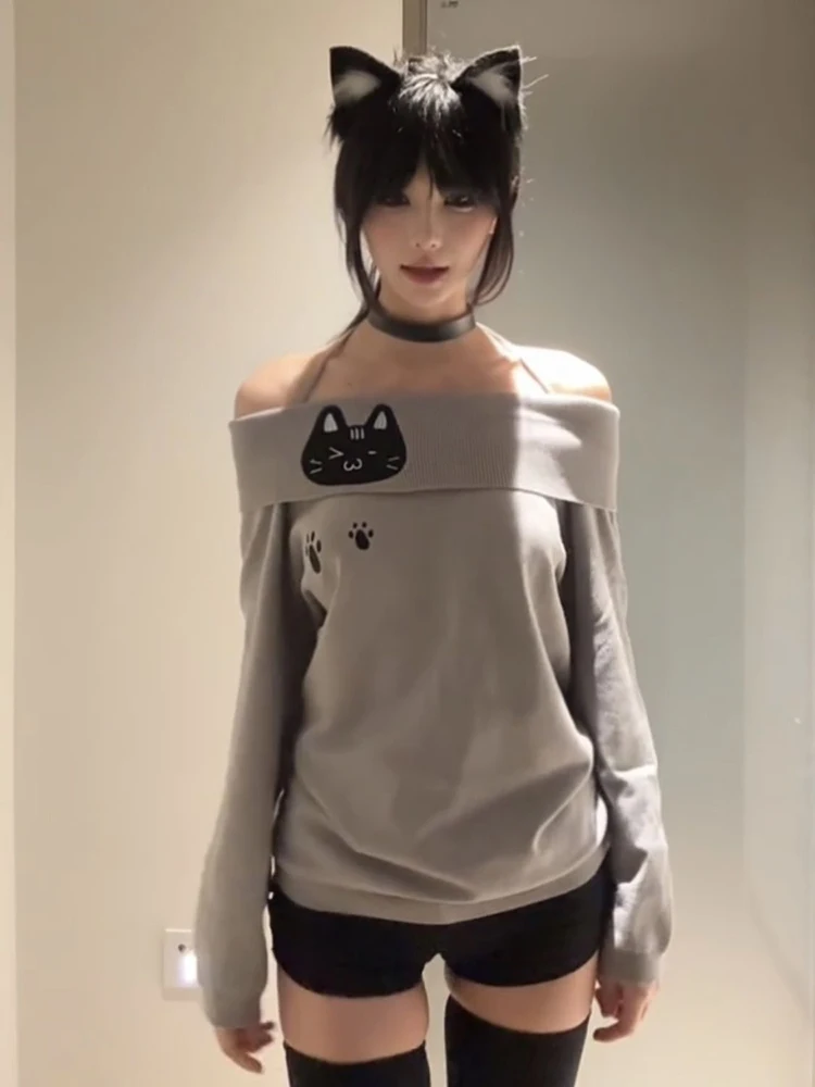 Color: GRAY, Size: S - Cute Embroidery Off The Shoulder T Shirt Women Kawaii Cat Long Sleeve Basic Blouse Tight Basic Crop Top Strapless Gray Tees