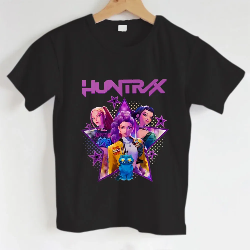 Color: Gold, Kid Size: 4 - KPOP Hunters Anime series pattern Girl T-shirt, Huntrix girl Group cute T-shirt