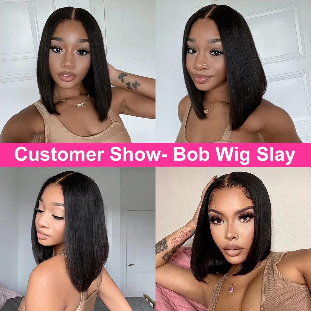 Hair Color: #1, Ships From: CHINA, Stretched Length: 14inches, Density: 180% - Wear And Go Glueless Bob Wig Human Hair 7x5 HD Lace Closure Human Hair Pre Plucked  No Glue Pre Cut Ready To Wear Frontal Wig