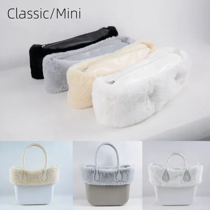 Color: Rose Gold - New  Autumn winter obag  Faux Rex Rabbit fur zipper up furry Trim  Inner pocket for Classic Mini O bag Accesorios