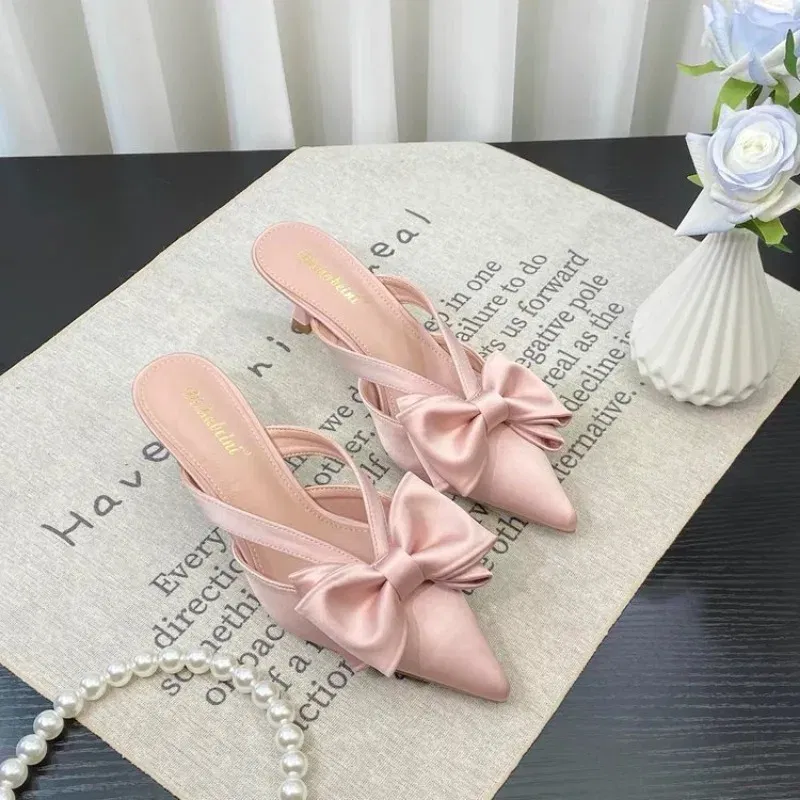 Color: Pink, Shoe Size: 36 - Fairy Style Pink Cool Slippers for Women's Summer 2024 French Pointed Bow Hollow High Heels, Half Wrapped Women's Slippers