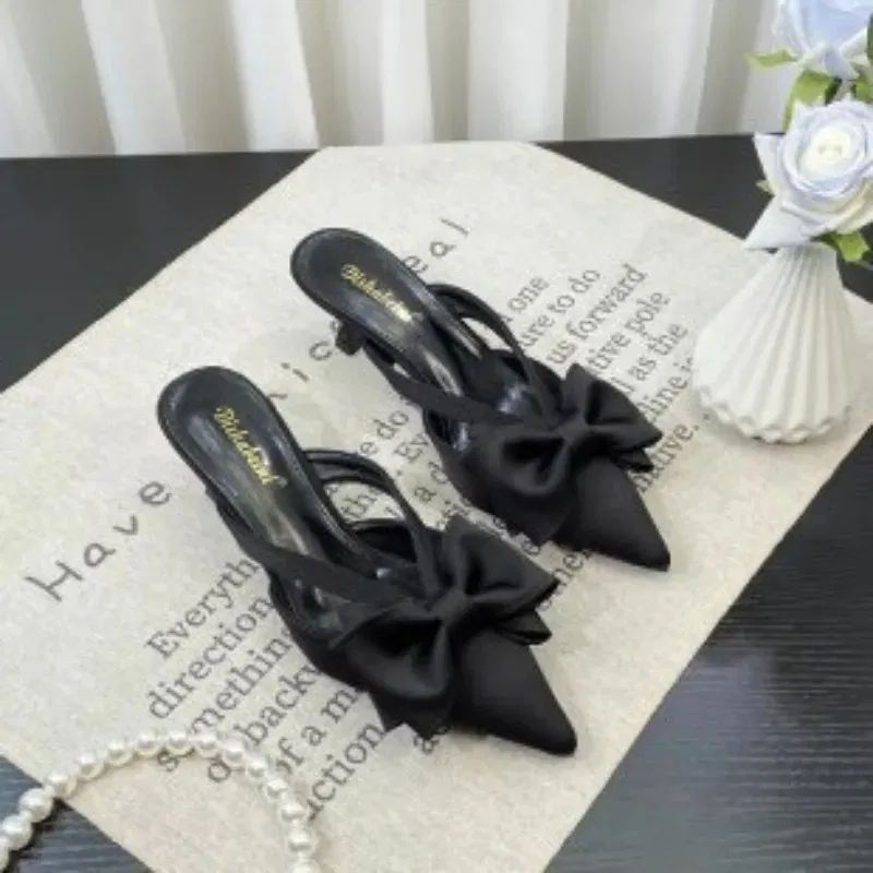 Color: Pink, Shoe Size: 36 - Fairy Style Pink Cool Slippers for Women's Summer 2024 French Pointed Bow Hollow High Heels, Half Wrapped Women's Slippers