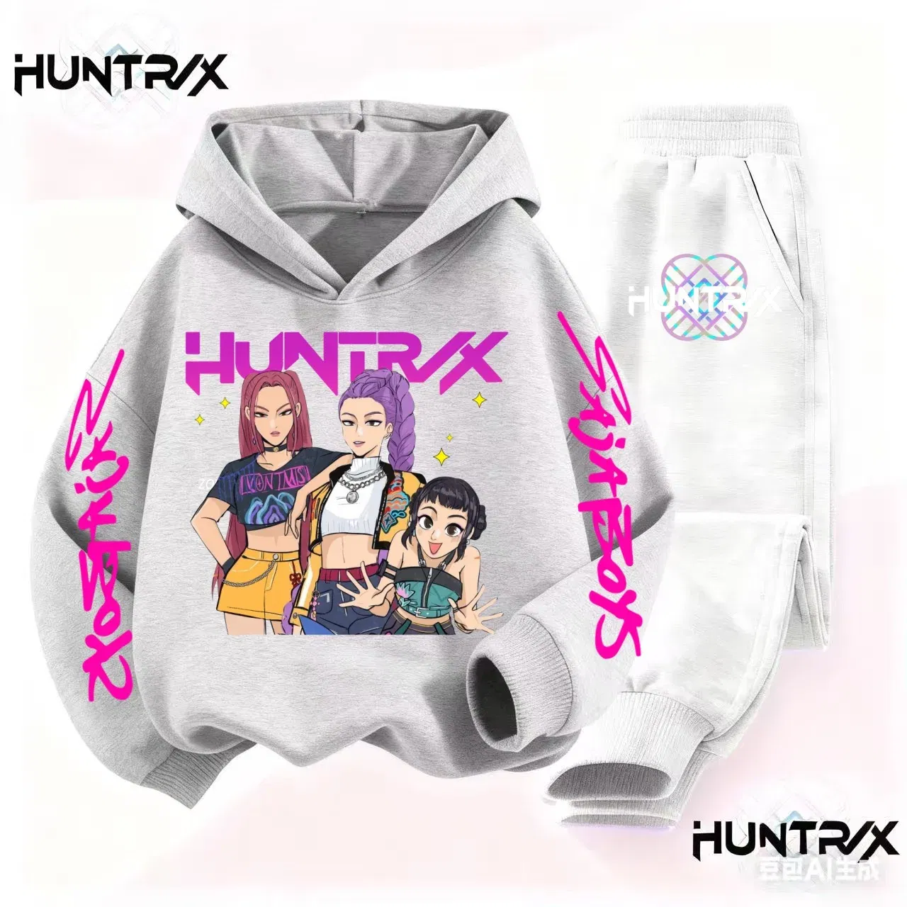 Color: Beige, Kid Size: 2T - 3-14Y Kpop Demon Hunters Hoodie Set Boys Girls Kids Autumn Sportswear Daily Clothes 2025