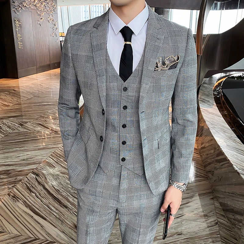 Color: Beige, Size: XL - Gray Men Classic Striped/Checked Suits, Business Office 3 Piece, Asian Size Slim Fit Men Dress Jacket & Pants with Vest, S-4XL