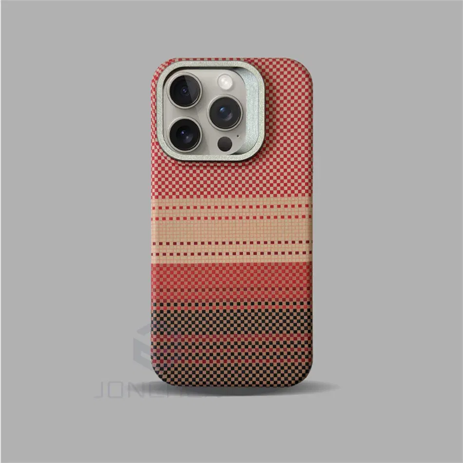 Color: Beige, Material: PE - Luxury Magnetic Stand Metal Lens Relief Carbon Fibre Pattern For Magsafe Case For iPhone 15 14 13 Pro Max Shockproof  Back Cover