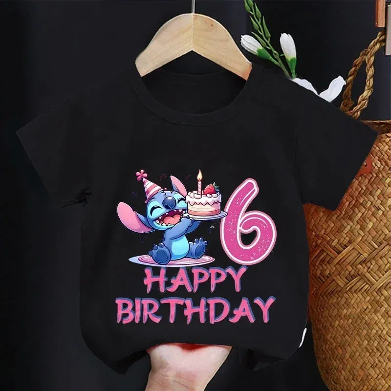 Color: Khaki, Kid Size: 13 - Lilo Stitch Children T-shirt Birthday 3-10 Years Boy Girl Clothing Summer Cartoon Print Tshirt Short Sleeve Cotton Top Baby Tee