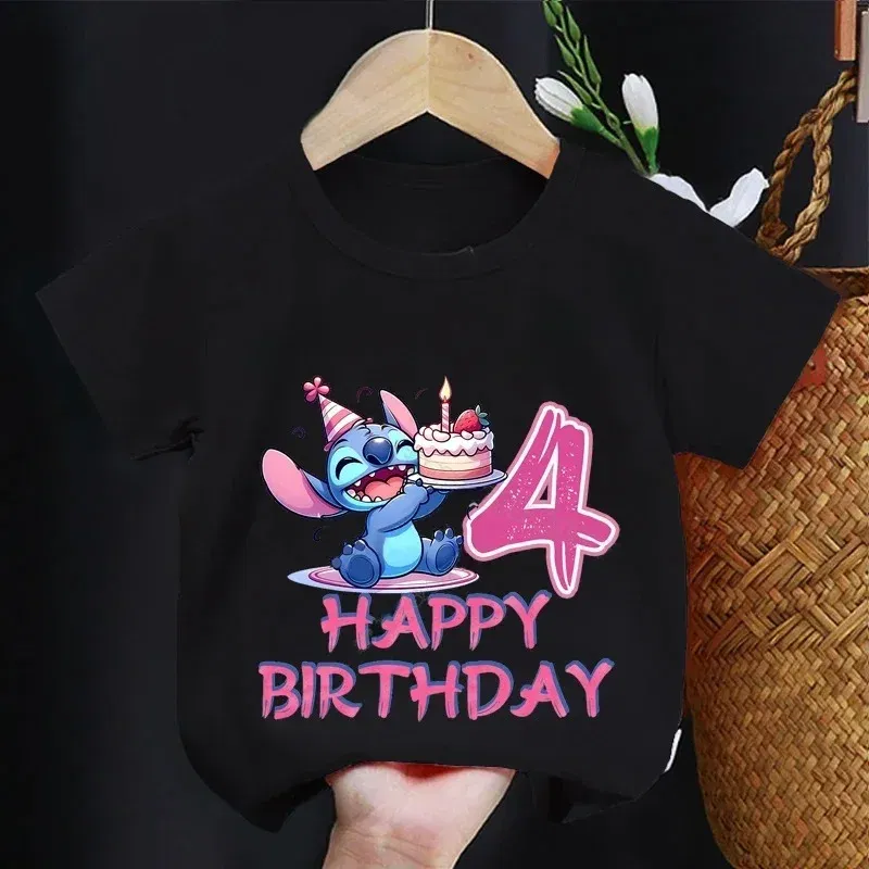 Color: Khaki, Kid Size: 13 - Lilo Stitch Children T-shirt Birthday 3-10 Years Boy Girl Clothing Summer Cartoon Print Tshirt Short Sleeve Cotton Top Baby Tee