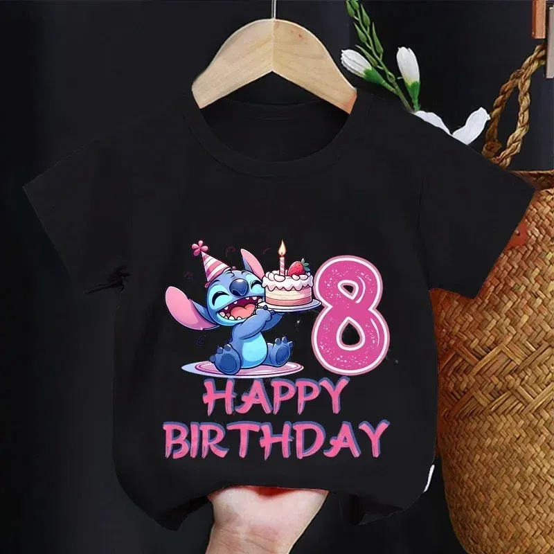 Color: Khaki, Kid Size: 13 - Lilo Stitch Children T-shirt Birthday 3-10 Years Boy Girl Clothing Summer Cartoon Print Tshirt Short Sleeve Cotton Top Baby Tee