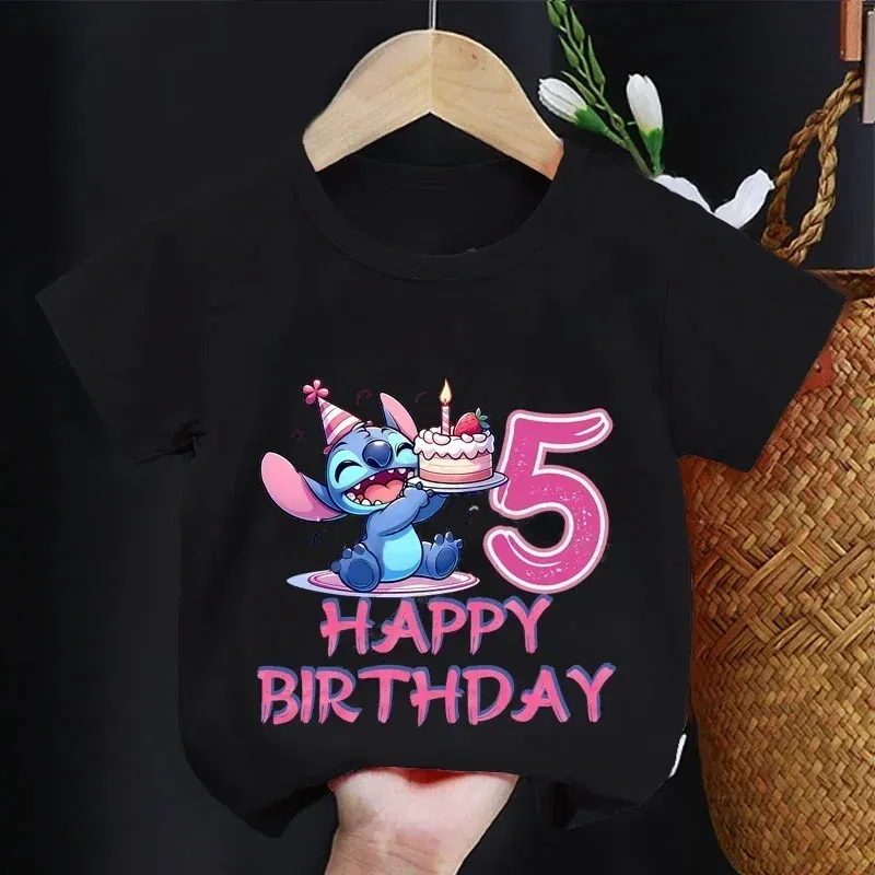Color: Khaki, Kid Size: 13 - Lilo Stitch Children T-shirt Birthday 3-10 Years Boy Girl Clothing Summer Cartoon Print Tshirt Short Sleeve Cotton Top Baby Tee