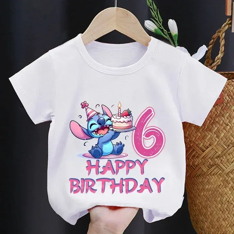 Color: Khaki, Kid Size: 13 - Lilo Stitch Children T-shirt Birthday 3-10 Years Boy Girl Clothing Summer Cartoon Print Tshirt Short Sleeve Cotton Top Baby Tee