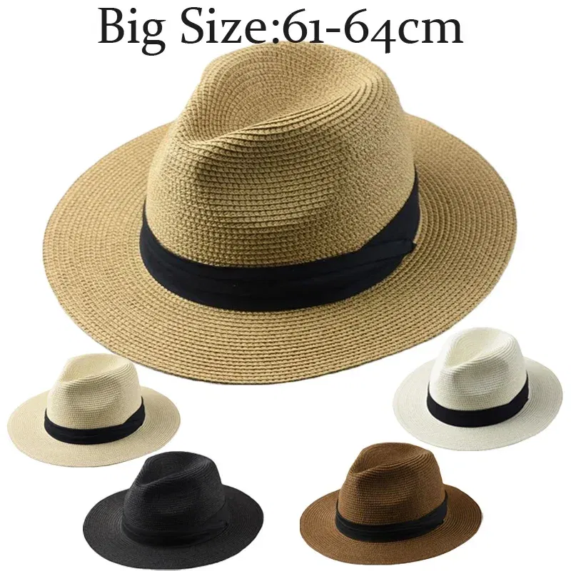 Color: army green, Size: M - Large Size XL61-64cm Panama Sun Hats Men Wide Brim Straw Caps Women Summer Big Head Beach Hat Male Plus Size Fedora Hat 58-60cm